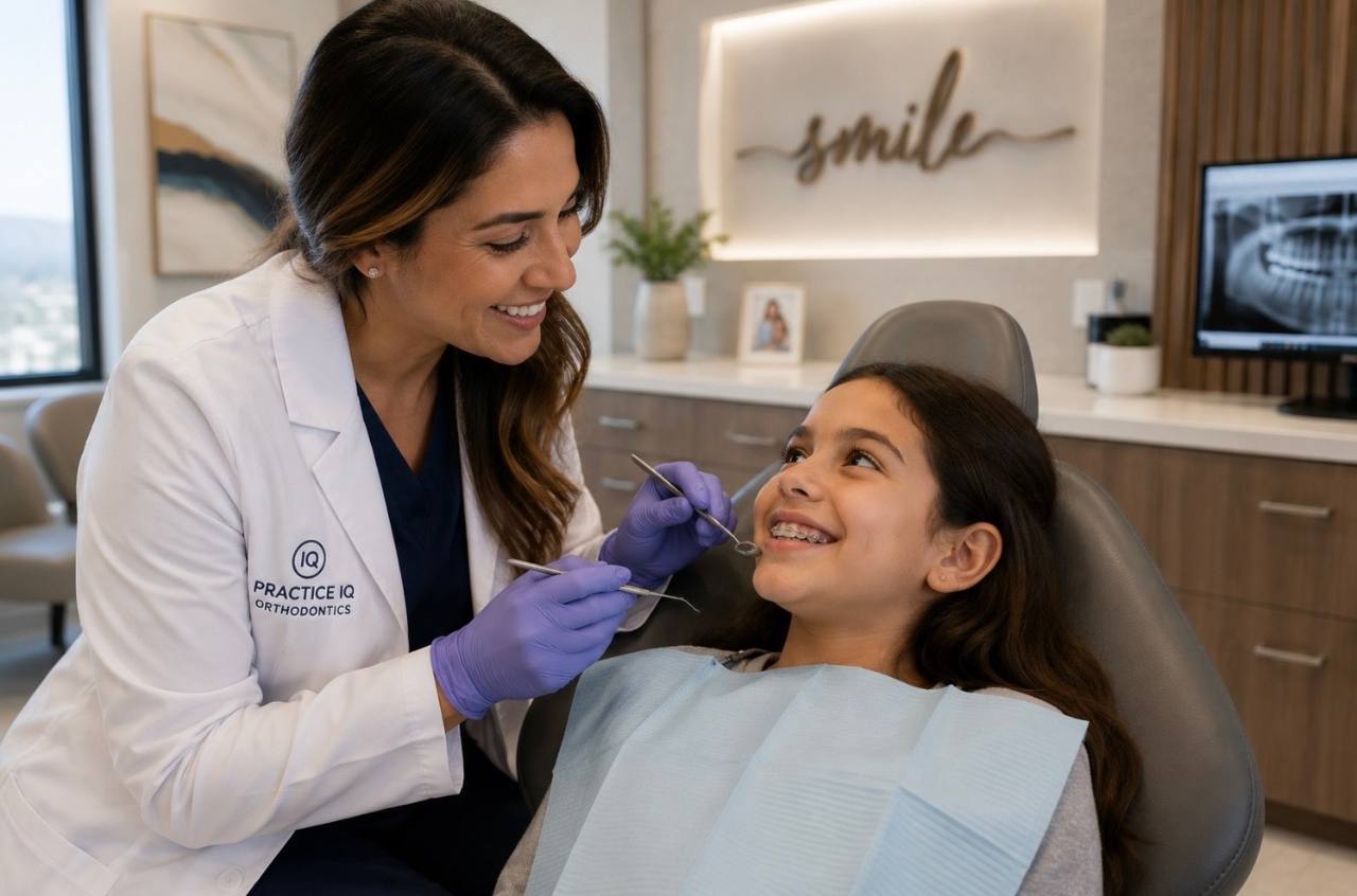 Brand concept rendering: an orthodontist checking a young patient's braces in a treatment chair.